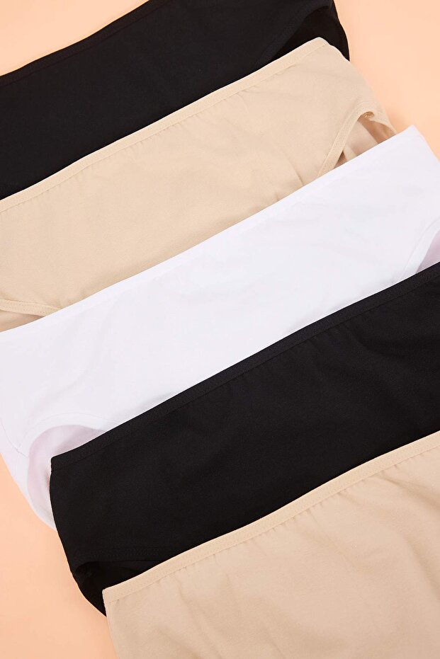 Siyah-Beyaz-Ten 5'li Paket Pamuklu Yüksek Bel Klasik Büyük Beden Külot TBBSS25CM00011 - 3