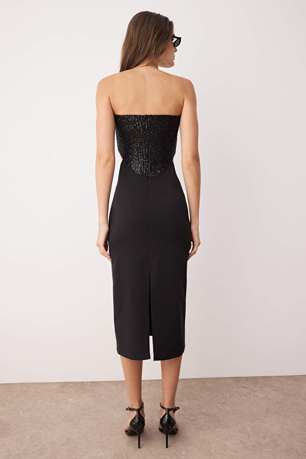 Siyah Cut Out/Pencere Detaylı Astarlı Payet Dokuma Midi Düğün/Nikah Elbisesi TPRSS25EL00306 - 4
