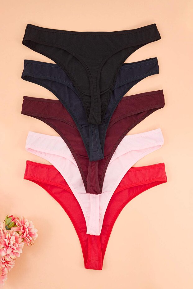 Çok Renkli 5'li Paket Pamuklu Normal Bel Tanga Büyük Beden Külot TBBSS25CM00012 - 3