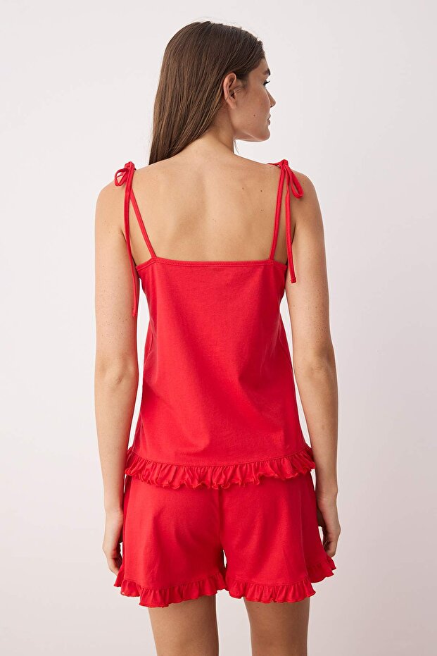 Kırmızı %100 Pamuklu Fırfırlı ve Bağlama Detaylı Şortlu Örme Pijama Takımı THMSS25PT00440 - 4