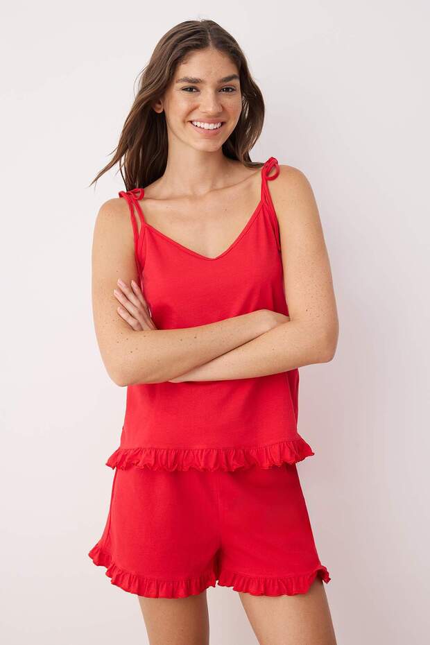Kırmızı %100 Pamuklu Fırfırlı ve Bağlama Detaylı Şortlu Örme Pijama Takımı THMSS25PT00440 - 2