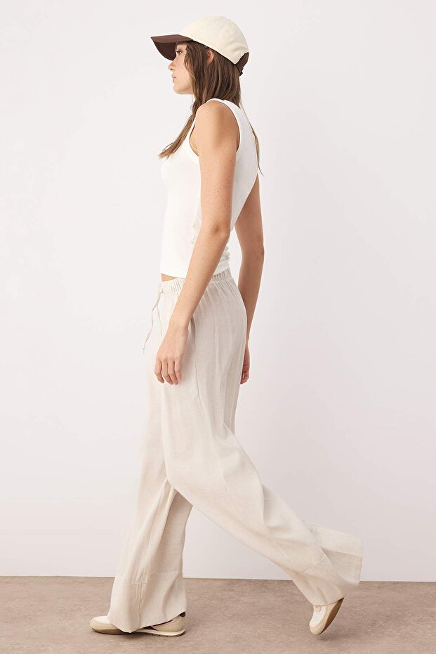 Taş Keten İçerikli Wide Leg/Geniş Paça Beli Lastikli Pantolon TWOSS25PL00124 - 2
