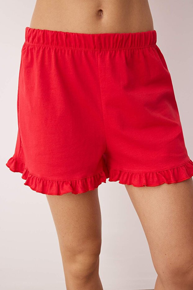 Kırmızı %100 Pamuklu Fırfırlı ve Bağlama Detaylı Şortlu Örme Pijama Takımı THMSS25PT00440 - 3