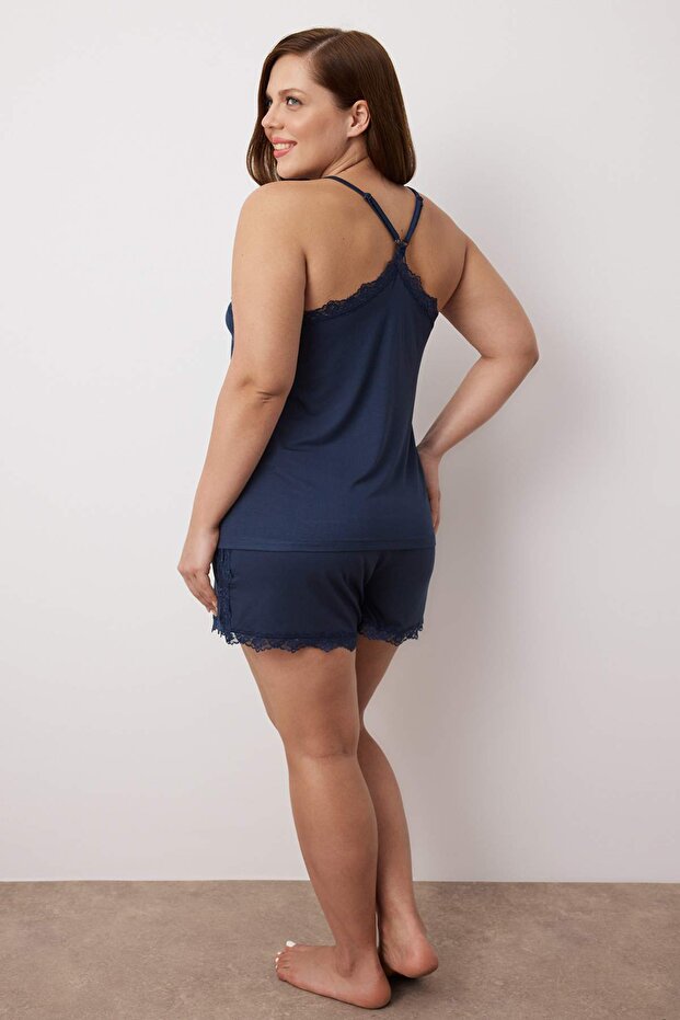 Lacivert Askılı Örme Dantel Detaylı Pijama Takımı TBBSS23AI00016 - 4