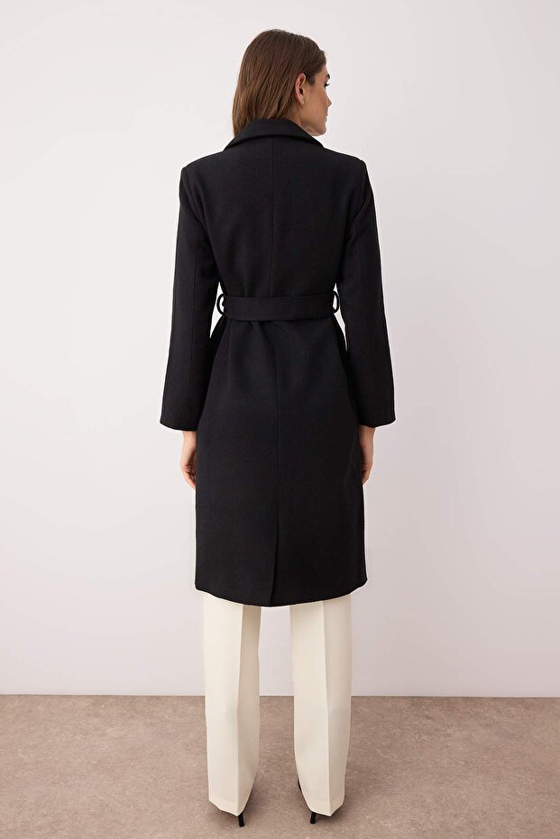 Fekete arany gomb részletes duplasoros testhezálló Midi kabát TWOAW26KB00017 - 2