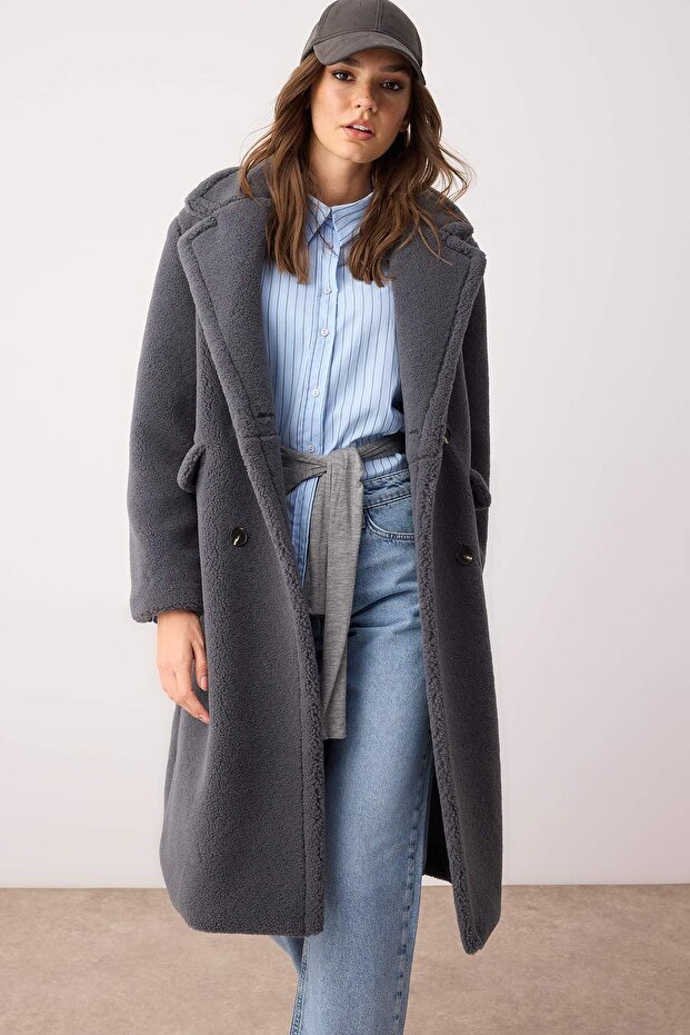 Antracit szőrme duplasoros, normál hosszúságú plüsskabát TWOAW26KB00020 - 6