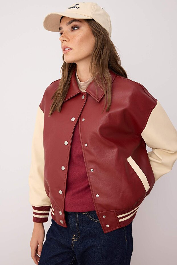 Bordo-Krem Oversize Kalıp Suni Deri Kolej Bomber Ceket Mont TWOAW26MO00006 - 3