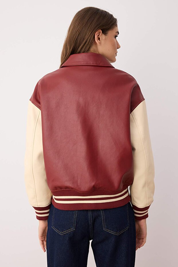 Bordo-Krem Oversize Kalıp Suni Deri Kolej Bomber Ceket Mont TWOAW26MO00006 - 5