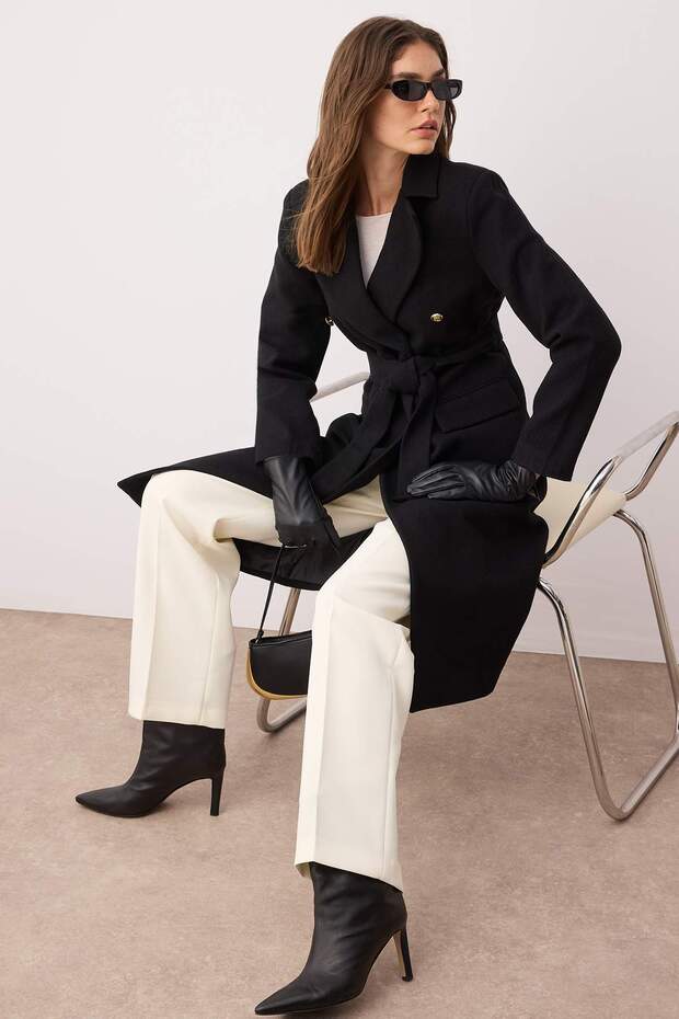 Fekete arany gomb részletes duplasoros testhezálló Midi kabát TWOAW26KB00017 - 1