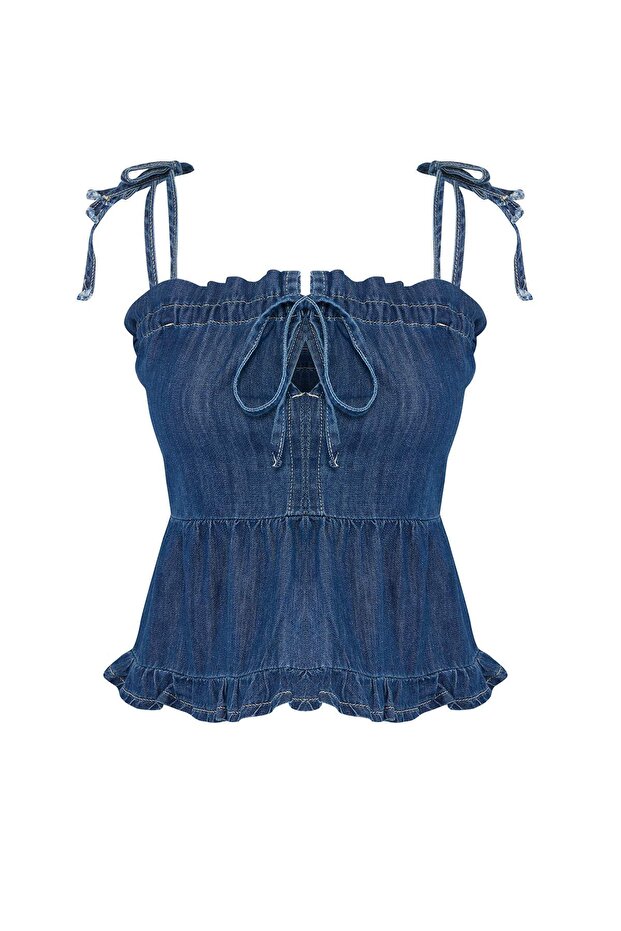 Mavi Omuzdan Bağlamalı Etek Ucu Fıfırlı Denim Bluz TWOSS25BZ00434 - 5