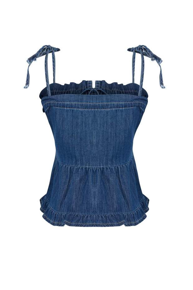 Mavi Omuzdan Bağlamalı Etek Ucu Fıfırlı Denim Bluz TWOSS25BZ00434 - 6