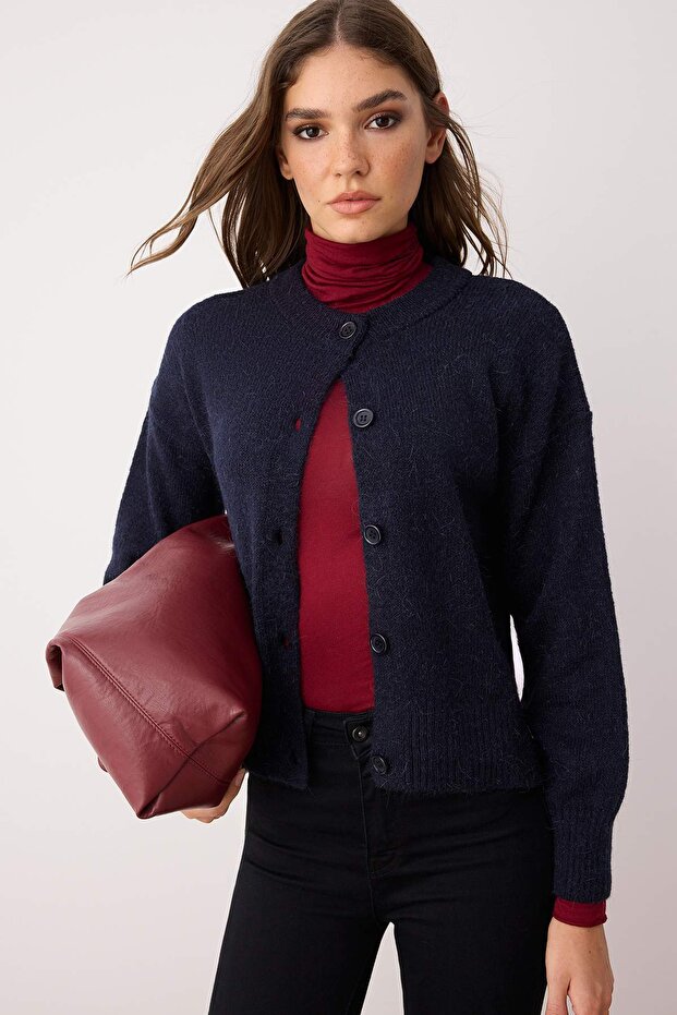 Wardrobe Essentials Lacivert Alpaka Yünü Karışımlı Premium/Özel İplik Triko Hırka | TWOAW26HI00000