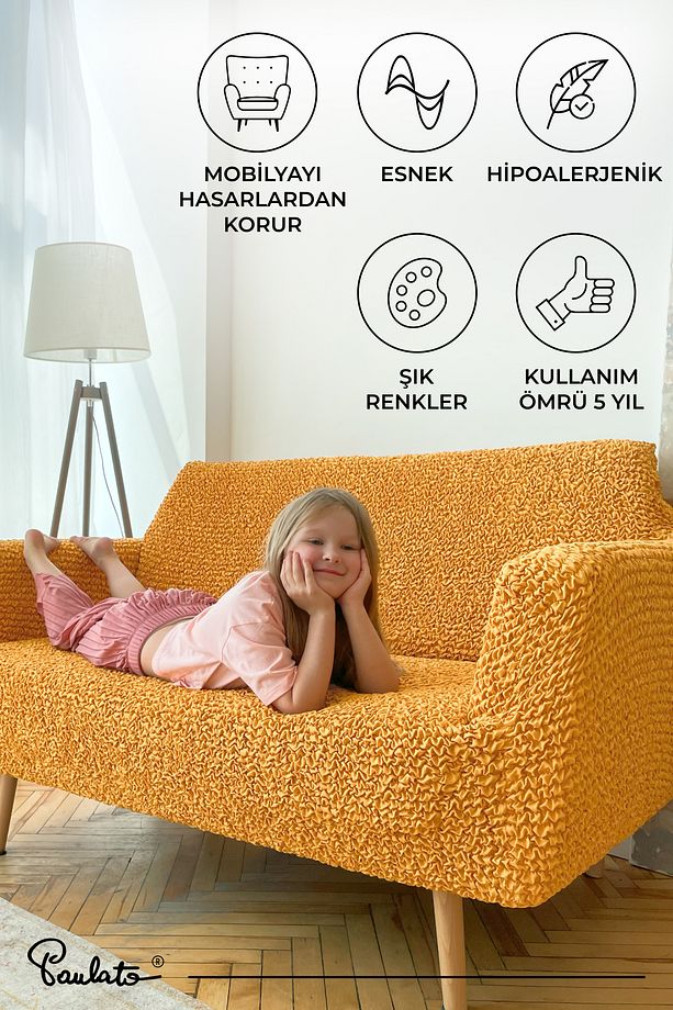 Lastikli Esnek ve Yıkanabilir Tek Kişilik Koltuk Örtüsü Koltuk Kılıfı - Ocre - 7