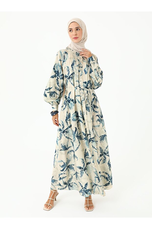 Patterned Gathered Collar Modest Dress - Blue - Refka