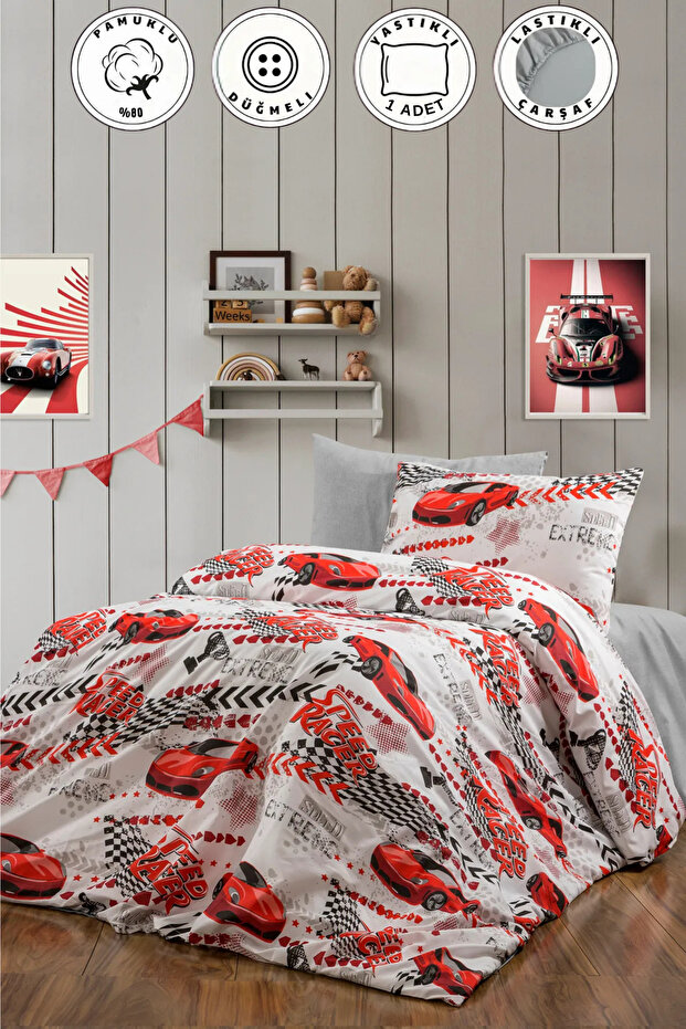 Single Duvet Cover Set with Elastic Sheet, Gray, Car-Themed for Children