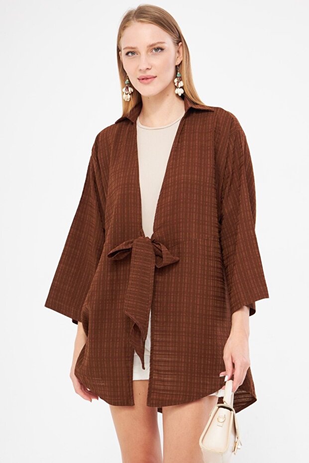 Women's Coffee Self Striped Front Tie Kimono Shirt Arm-24Y 001101