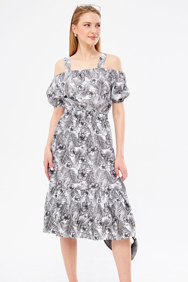 Women's Smoked Patterned Elastic Waist Strap Dress Arm-23y001053