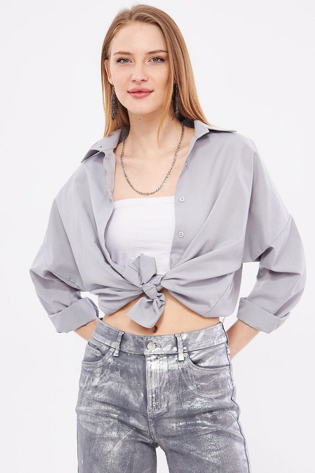 Kadın Gri Oversize Uzun Basic Gömlek ARM-22Y001118 - 1