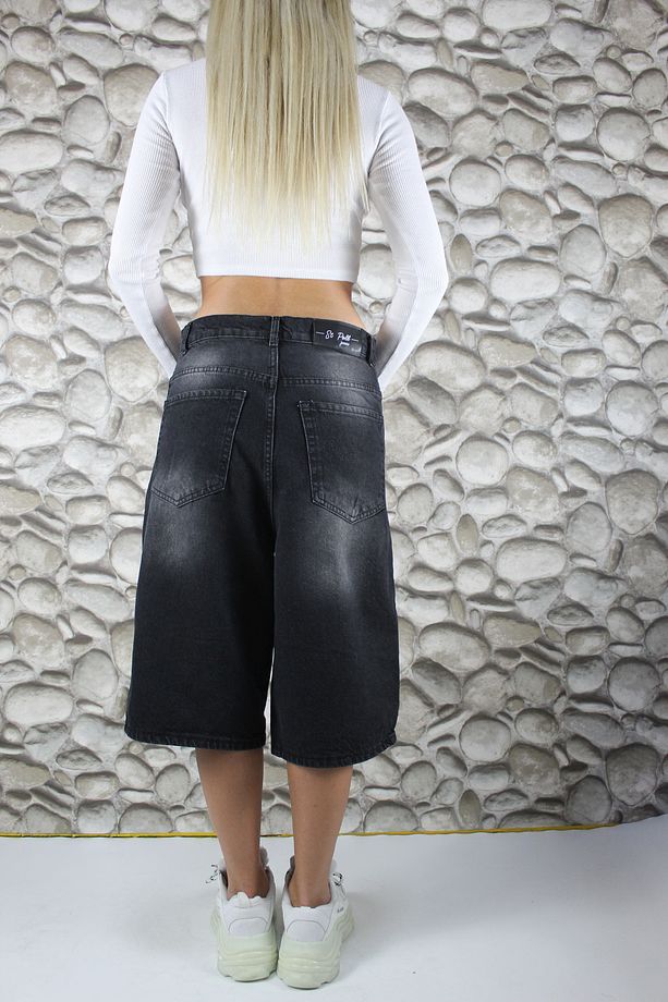 Siyah Yıkamalı Unisex Baggy Oversize Kalıp Kot Şort - 3