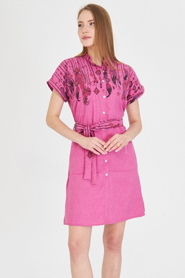 Women's Fuchsia Judge Collar Short Sleeve Belted Waist Shirt Dress Arm-25Y 001054