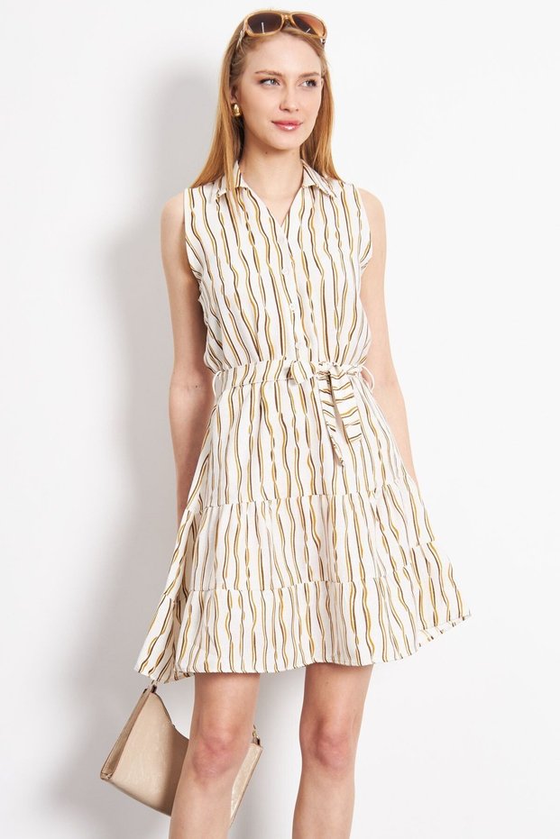 Women's Camel Front Button Waist Belt Collar Sleeveless Dress Arm-24Y 001066