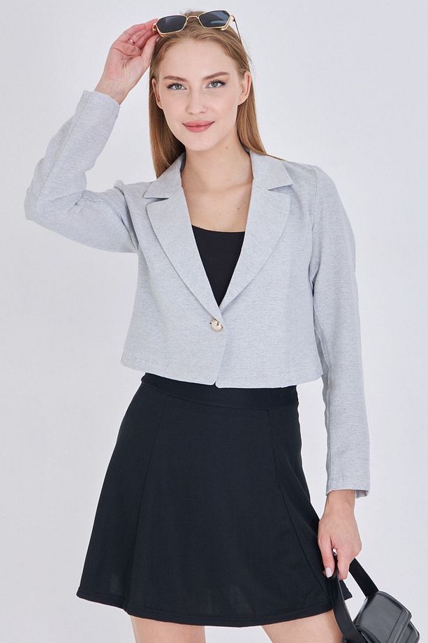 Kadın Gri Tek Düğmeli Crop Ceket ARM-23Y001064 - 4