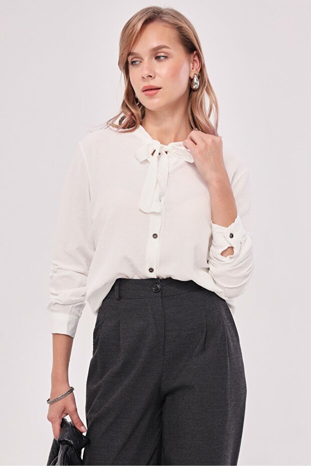 Damen-Hemd zum Binden mit weißem Kragen, gemustert, ARM-20K001150 - 2