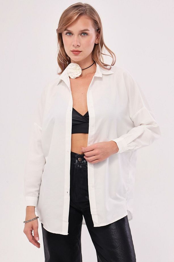 Kadın Ekru Oversize Uzun Basic Gömlek Arm-22Y001118 - 4