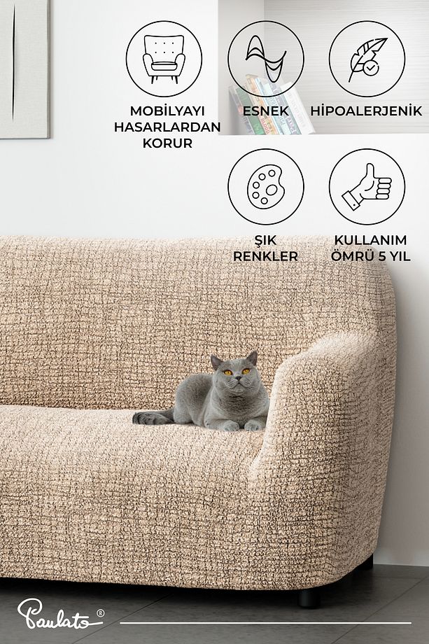 Lastikli Esnek Ve Yıkanabilir Tek Kişilik Koltuk Örtüsü Koltuk Kılıfı - Bej - 6