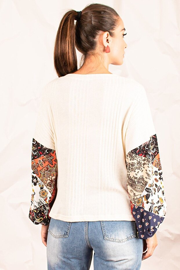 Women's Ecru Sleeve Patterned Balloon Knitwear Blouse ARM-20K081001 - 4