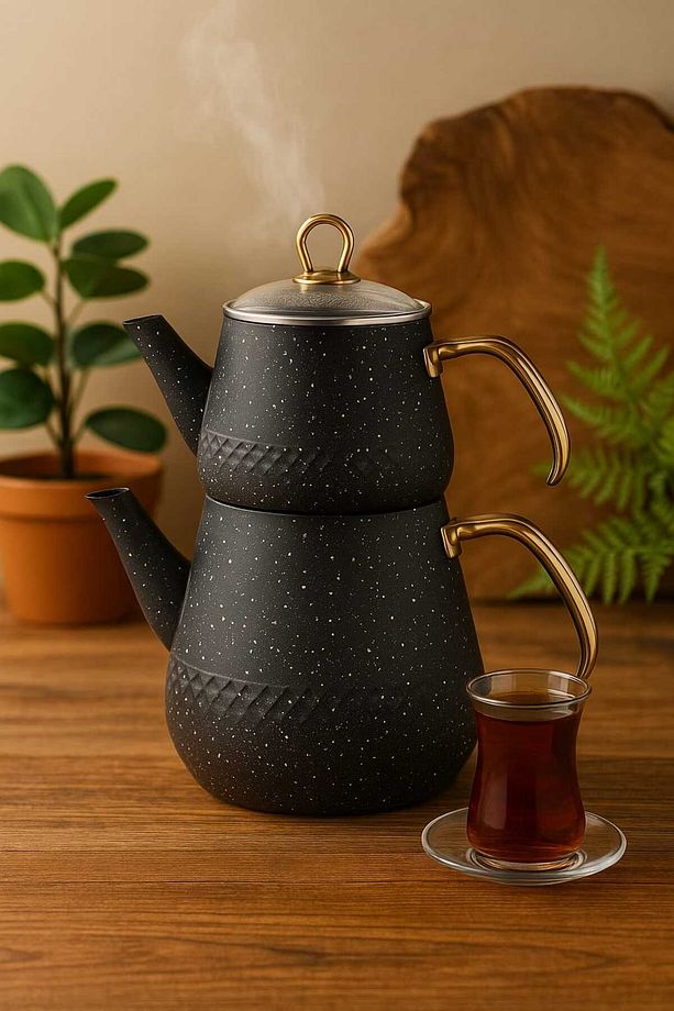 Granit Kaplama Gold Kulplu Cam Kapak Çaydanlık Siyah - 5