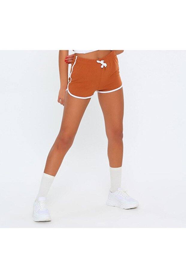 Kadın Taba Şeritli Penye Şort - 4