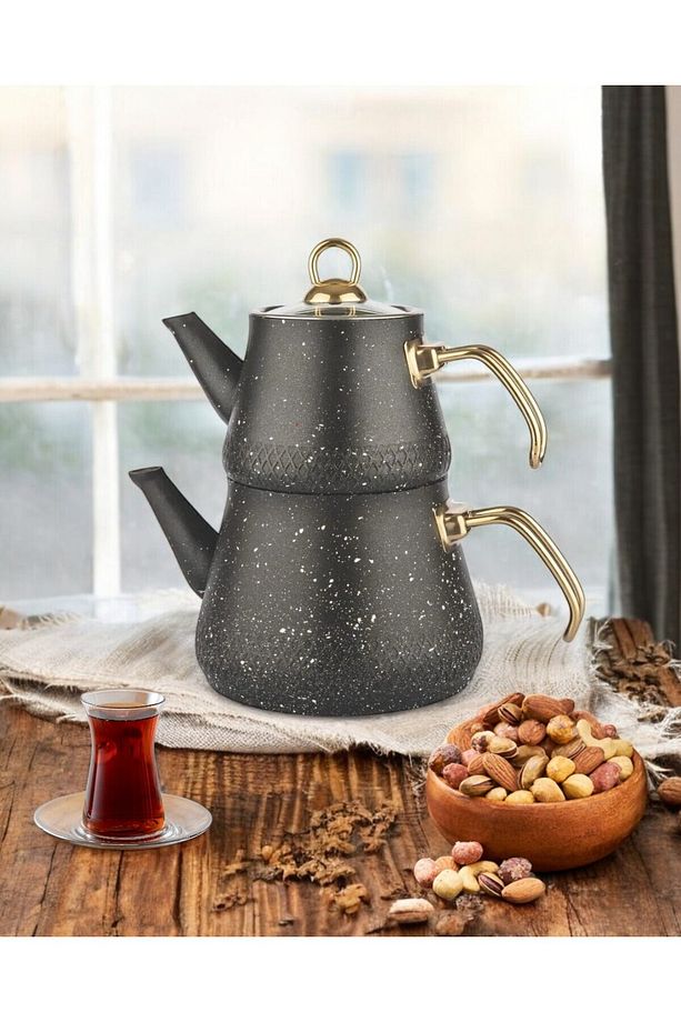 Granit Kaplama Gold Kulplu Cam Kapak Çaydanlık Siyah - 9
