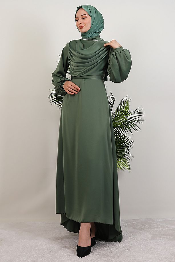 Kuyruklu Degaje Elbise Soft Yeşil - 4