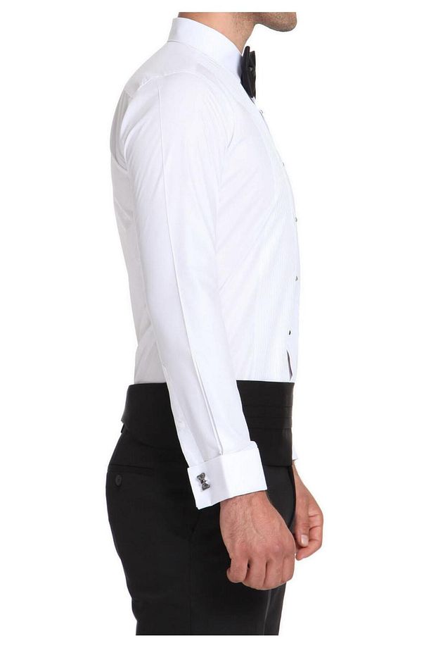 Gk 512 Slim Fit Duble Manşet Klasik Yaka Önü Piliseli Beyaz Damatlık Smokin Gömlek - 2
