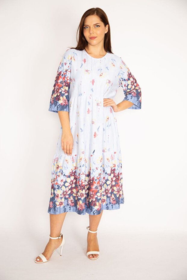 Women's Large Size Blue Cotton Fabric Layered Dress 65n34949