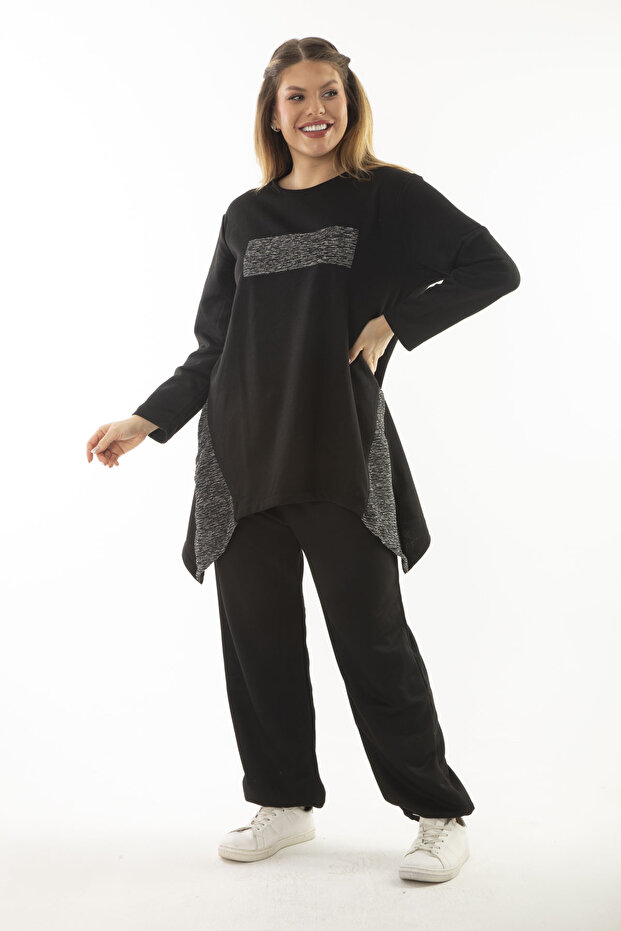 Women's Large Size Black Glitter Detailed Sweatshirt Trousers Double Suit 65N37054