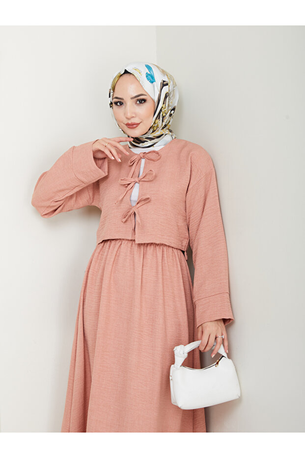 Women's Sofia Linen Hijab Pink Powder Kimono Suit with Three Tie Skirts