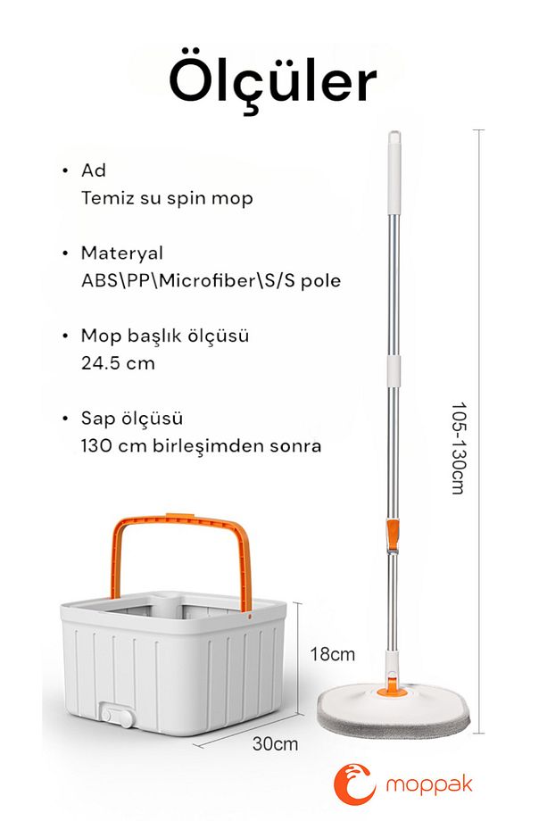 Otomatik Mop Temizlik Seti Temiz&kirli Su Ayrımı Mikrofiber Kare Başlık 2 Adet Bez - 9