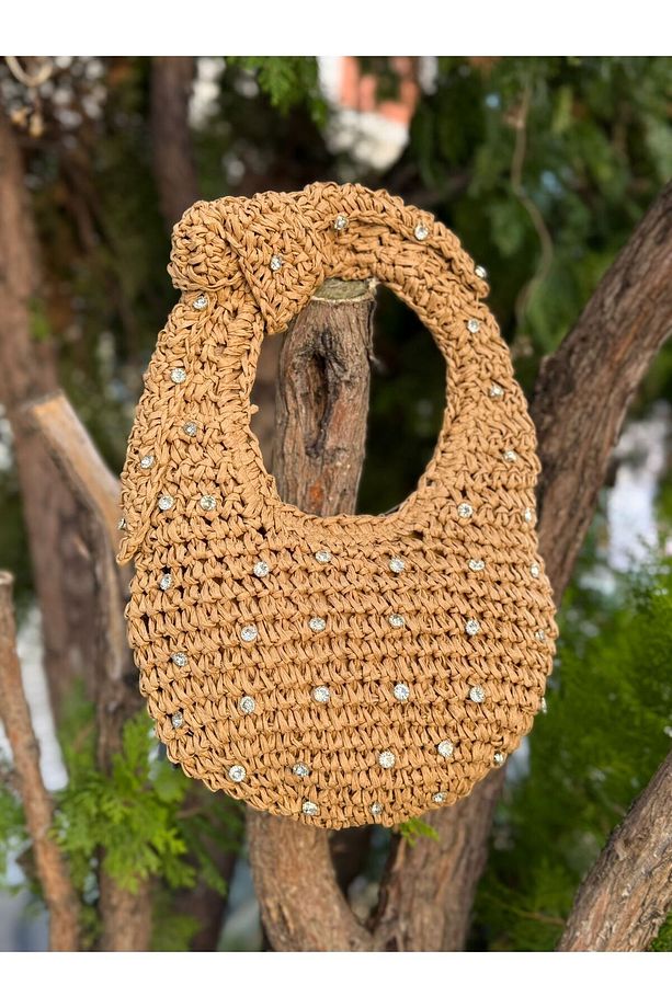 Taş Detaylı El Örgüsü Camel Hasır Çanta 18x24 Cm - 2