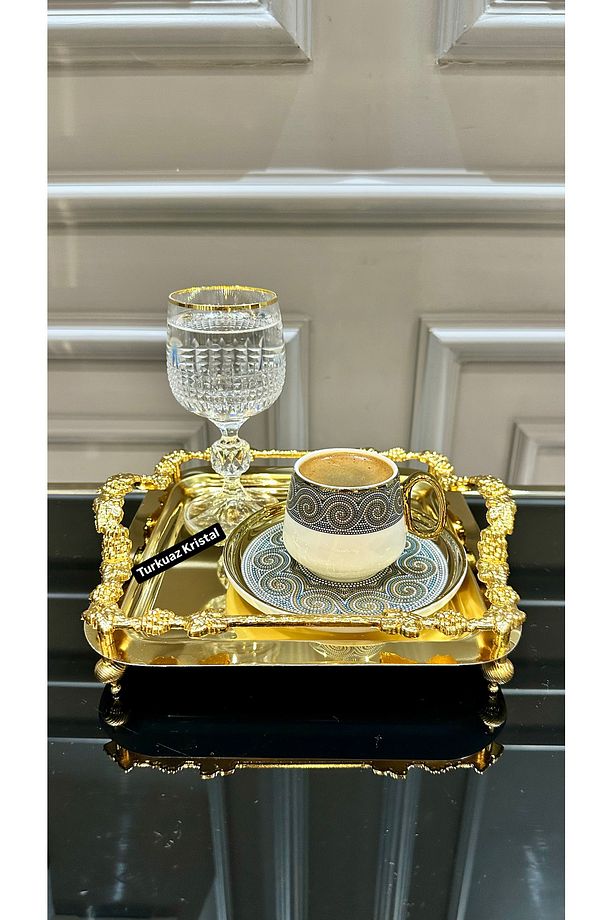 6 Adet Metal Ayaklı Gold Kulplu Döküm Tek Kişilik Çay Kahve Sunum Tepsisi - 3
