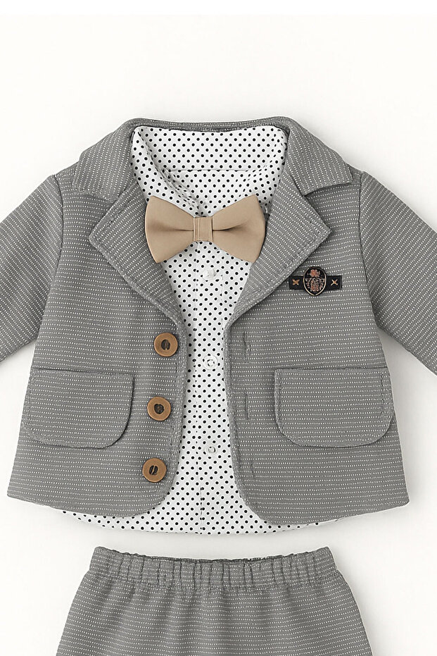 BEBEK GİYİM JAKAR KUMAŞ PAPYONLU ERKEK BEBEK 4 LÜ TAKIM - 3