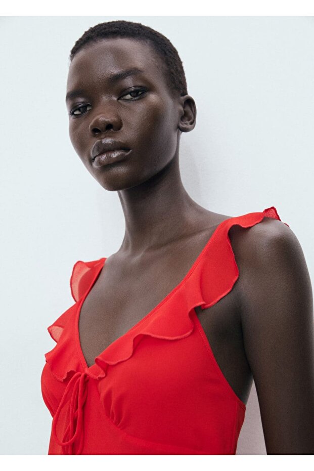 Yakası volanlı midi elbise - 5