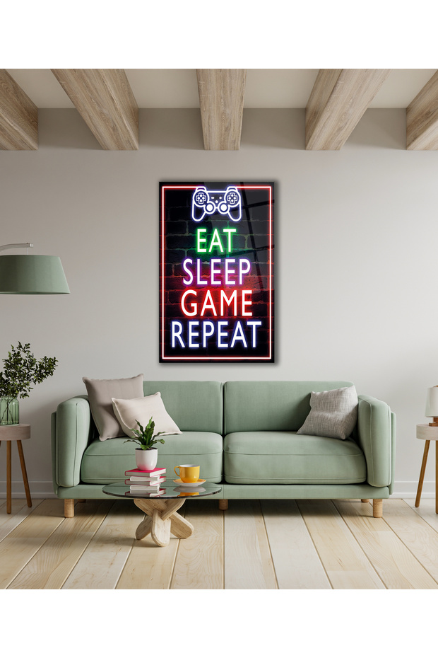 Eat Sleep Game Repeat Neon Görünümlü Cam Tablo - 4