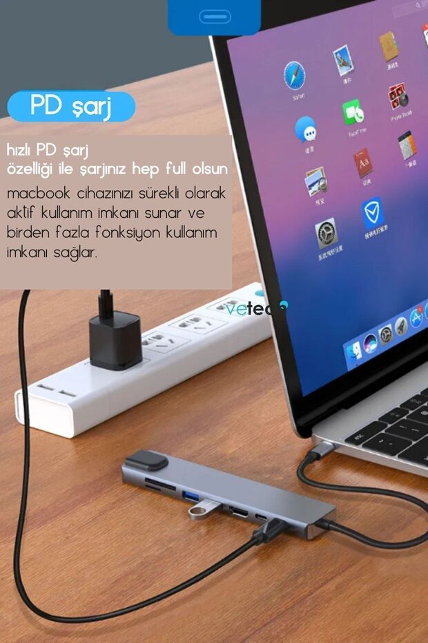 Macbook Pro Air Uyumlu Usb Type-c 8 Hub Dönüştürücü Çevirici Çoklayıcı Usb Hdmı Micro Sd 8in1 - 5