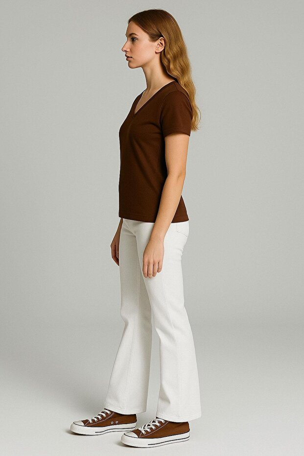 Ön ve Arka V Yaka Basic Pamuklu Tişört - 7