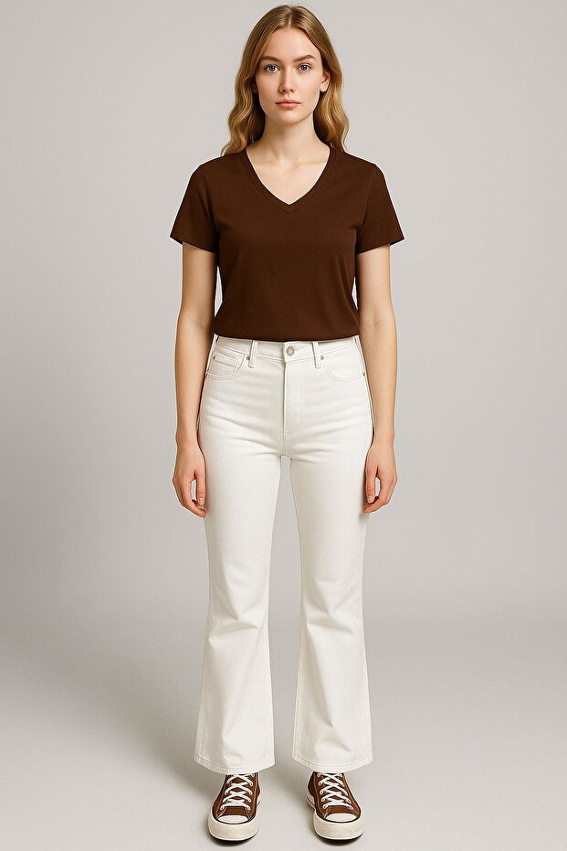 Ön ve Arka V Yaka Basic Pamuklu Tişört - 1