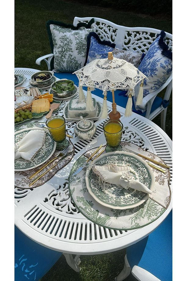 Toile De Jouy Seletti  2'li Amerikan Servis Yeşil-Kahve - 5