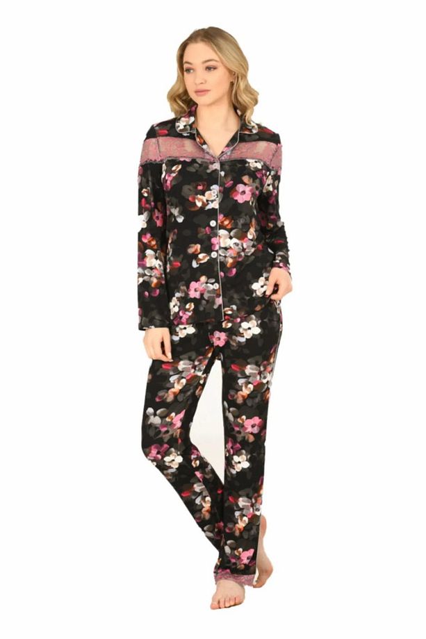 Kadın Viskon Önü Düğmeli Desenli Kışlık Pijama Takımı 3903 - 1 Adet - 1