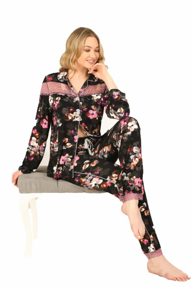 Kadın Viskon Önü Düğmeli Desenli Kışlık Pijama Takımı 3903 - 1 Adet - 5